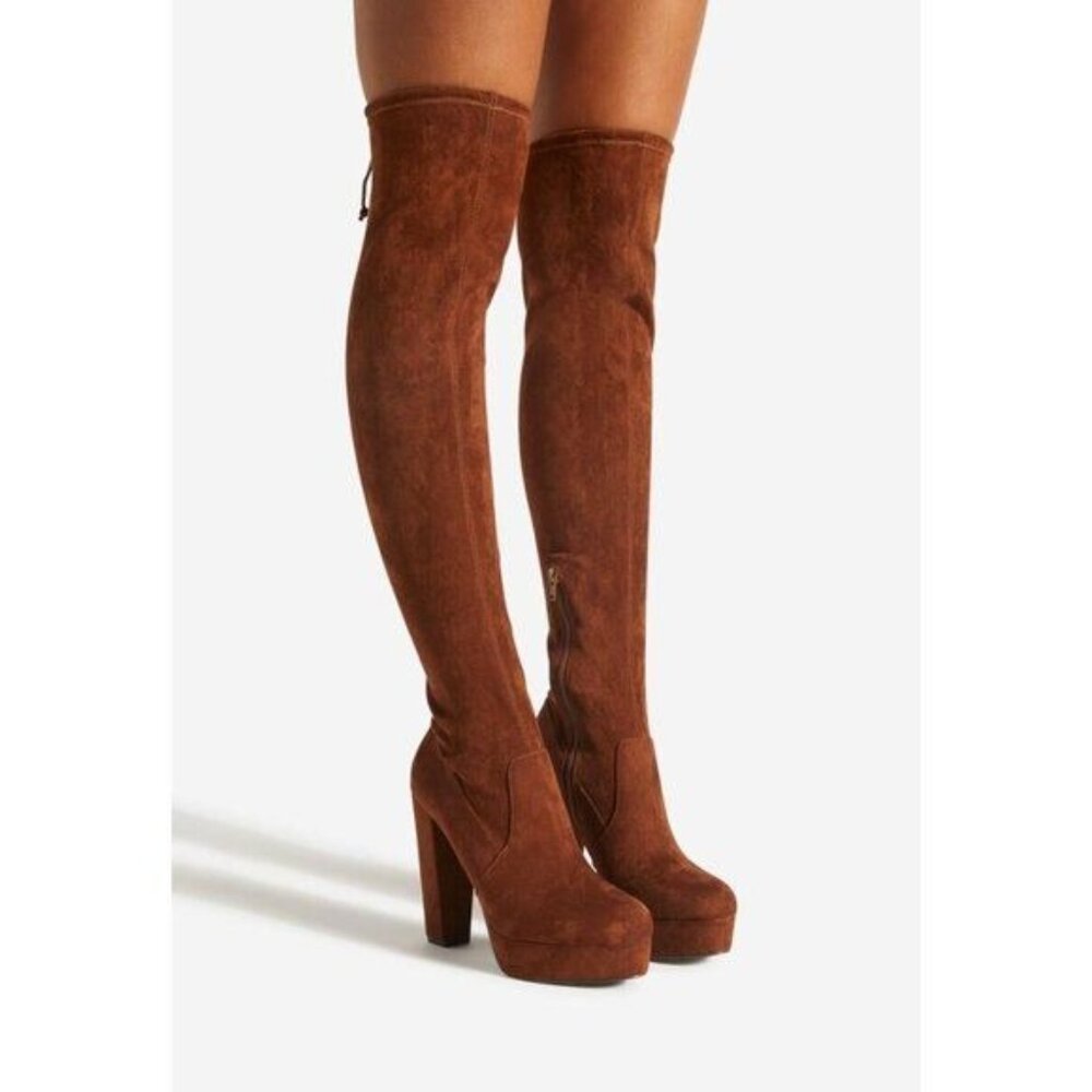 NIB Black Faux Suede Over The Knee Block Heel Baddie Boots - Picture 5 of 6